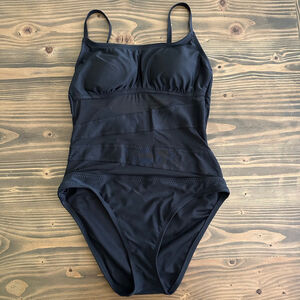 Women's Shade & Shore Swimsuit M Black One-Piece Square Neck Mesh Panel